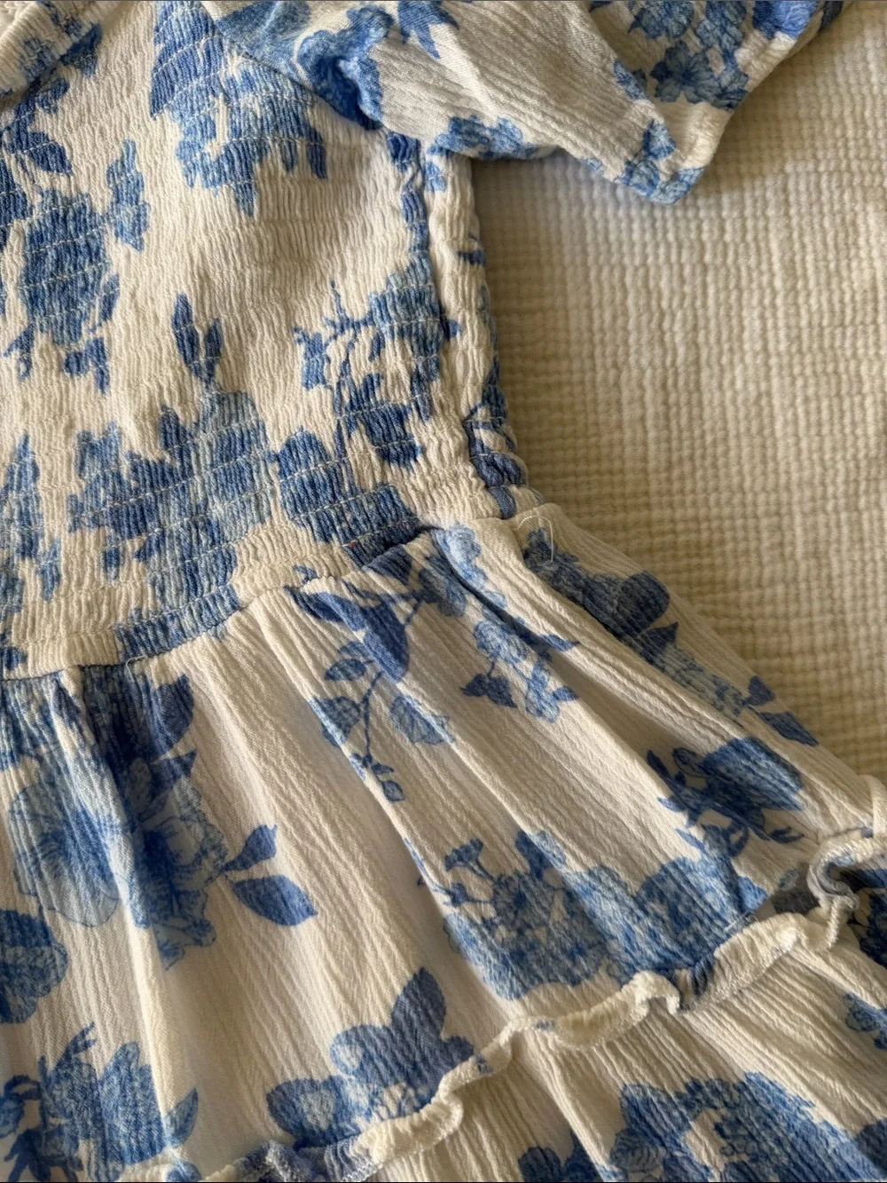 art class Girls White and Blue Floral Smocked Tiered Dress
